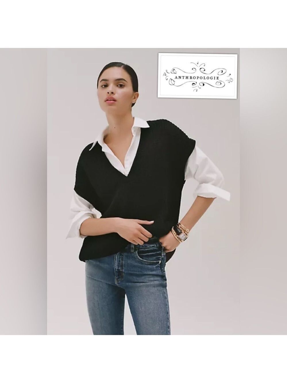 Anthropologie Size SM petite Black Cable Knit Academia Sweater Vest Dress Top